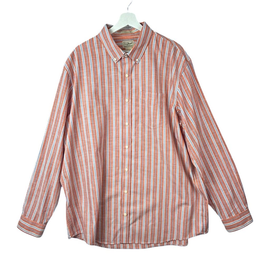 LL Bean Shirt Mens XL Tall Traditional Fit Stripes Salmon Blue Long Sleeves